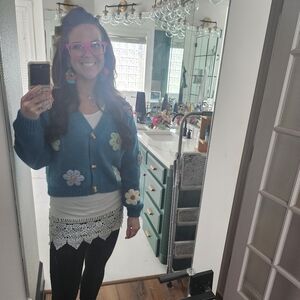 Floral Embroidered Blue Cardigan Sweater